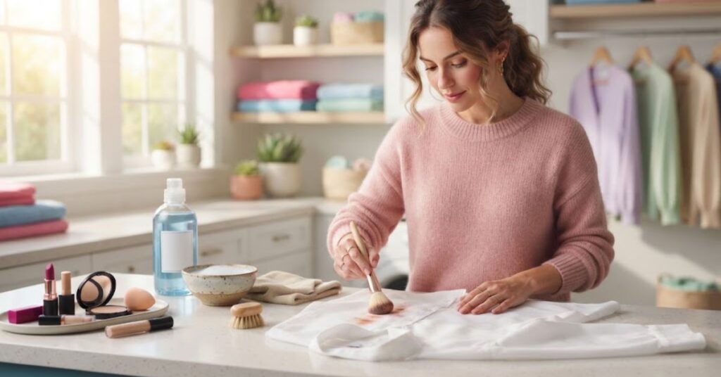 White blouse with foundation and lipstick makeup stains and cleaning supplies