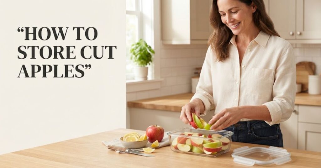 Woman storing freshly cut apple slices in an airtight container