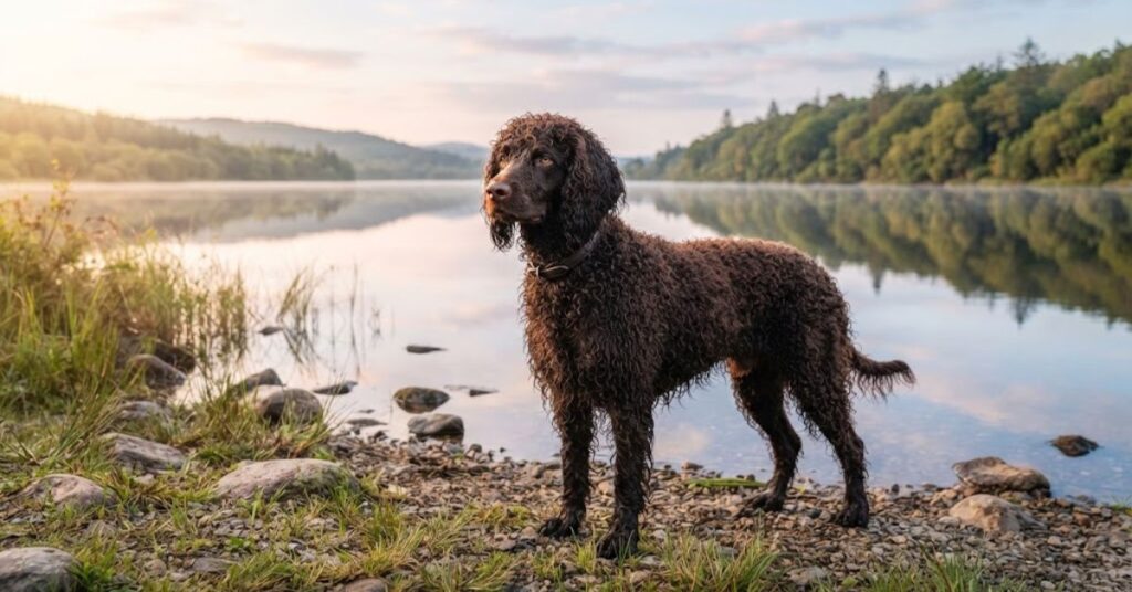 Irish Water Spaniel with curly low-shedding coat near a lake