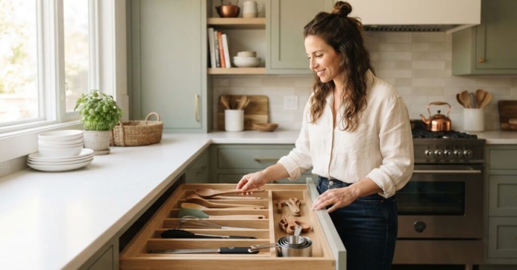 Woman organizing frequently used kitchen utensils in a drawer