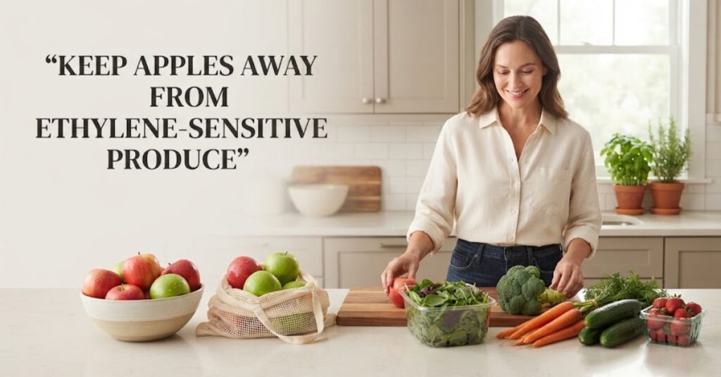 Woman keeping apples separate from ethylene-sensitive fruits and vegetables
