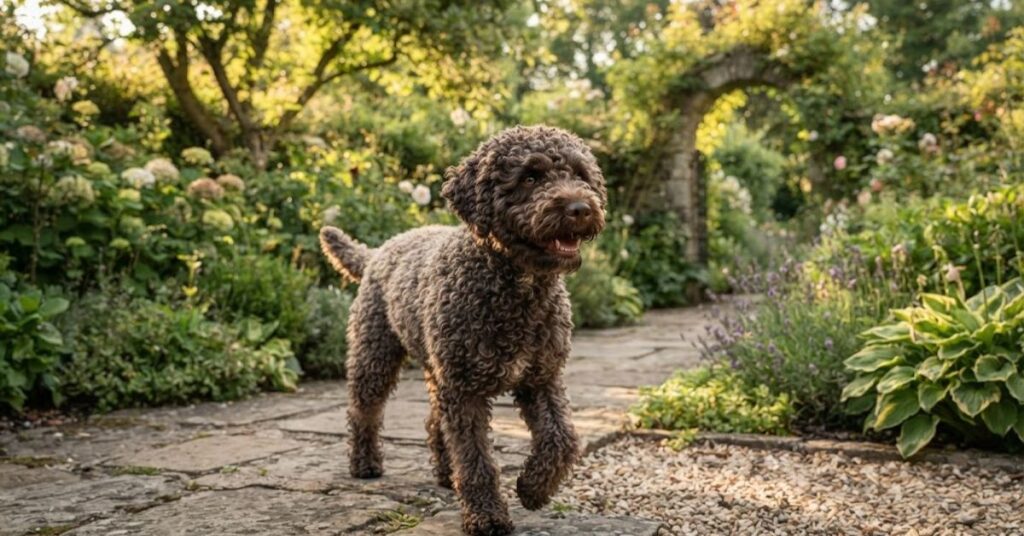 Lagotto Romagnolo with curly low-shedding coat in a garden