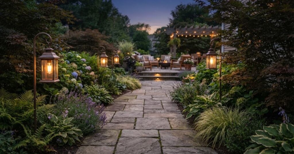 Lantern-lit pathway leading through a beautifully decorated backyard