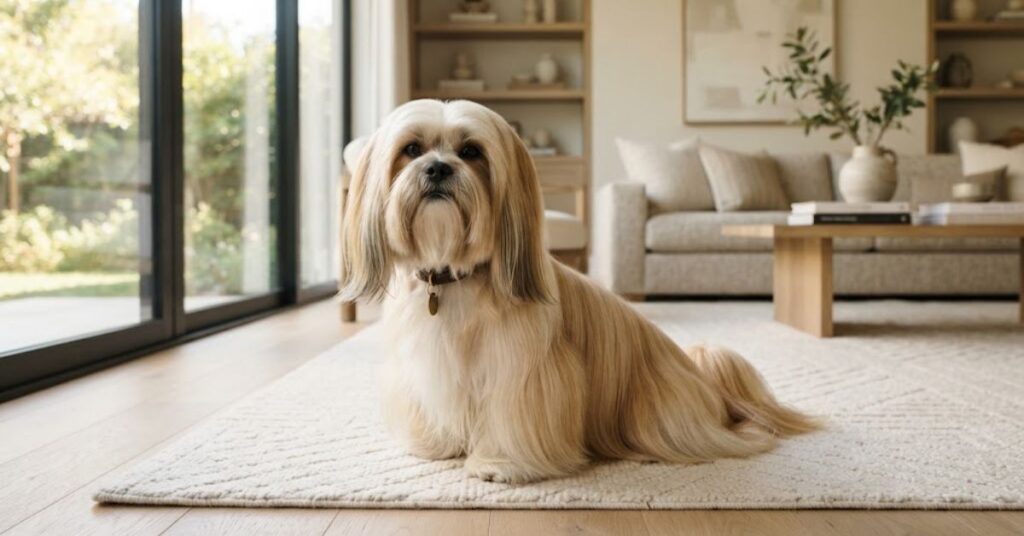 Lhasa Apso with long low-shedding coat indoors