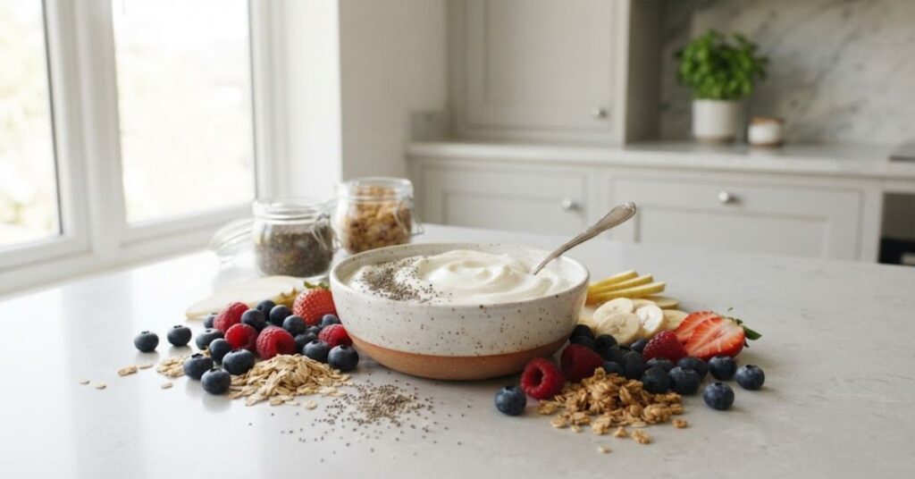 Greek yogurt with berries and fiber-rich foods for a healthy breakfast