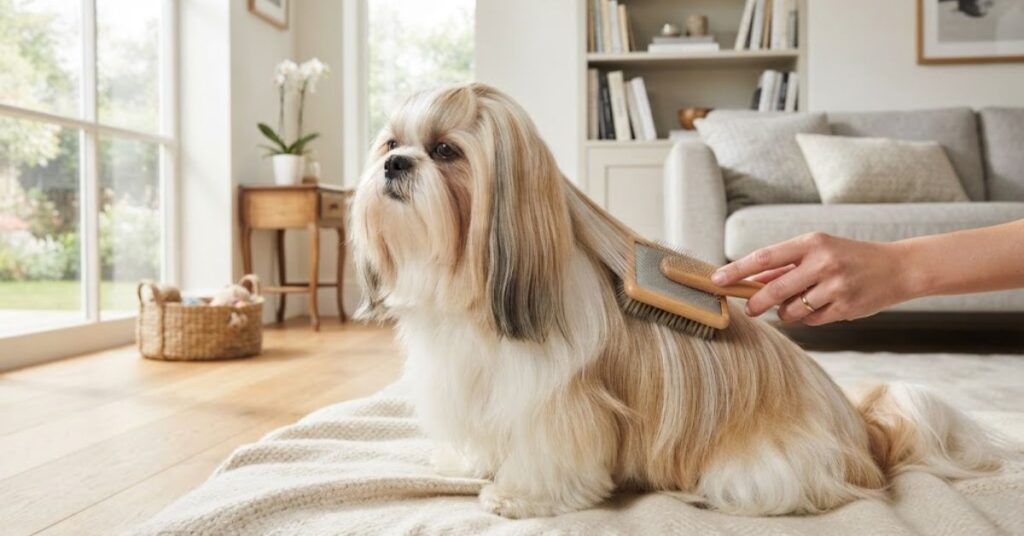 Long-haired dog being brushed during home grooming