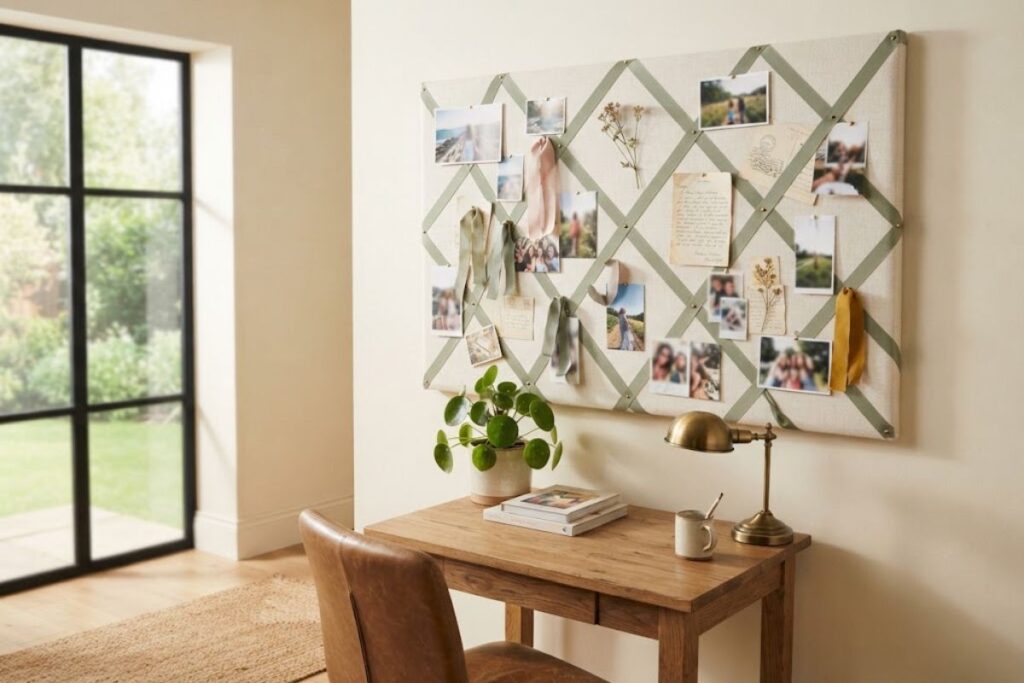 DIY memory board decorated with photos and colorful ribbons