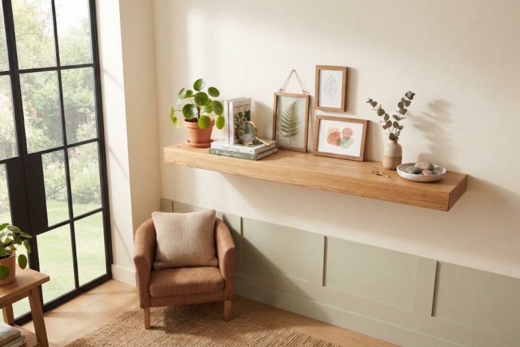 DIY floating wooden shelf with plants and decorative items