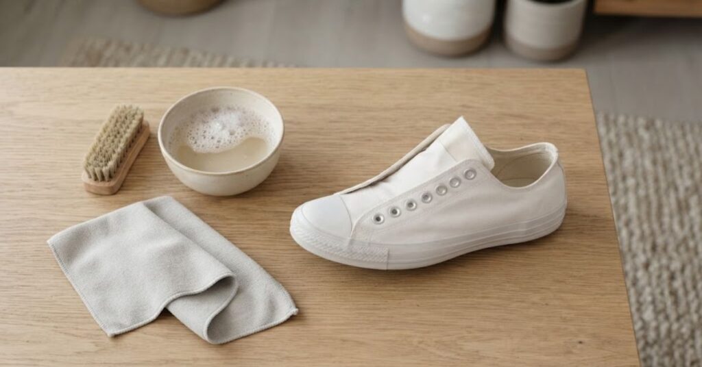 Mild soapy water prepared for cleaning canvas shoes
