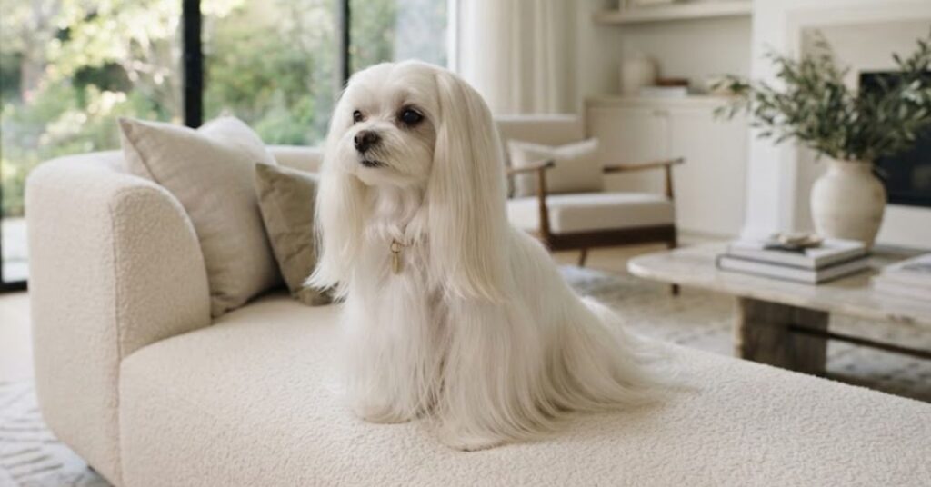Maltese dog with long silky low-shedding coat on a sofa