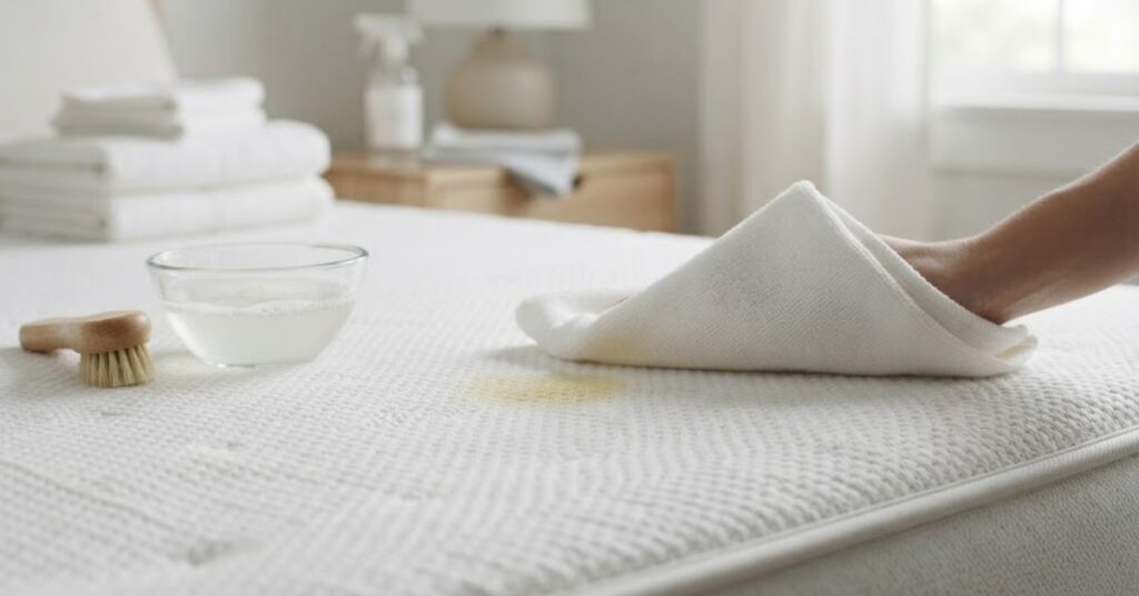 Blotting a sweat stain on a mattress with mild soap solution