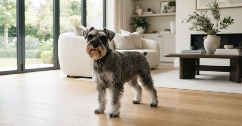 Miniature Schnauzer with wiry low-shedding coat indoors