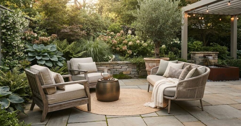 Stylish backyard combining wood, woven and metal outdoor furniture