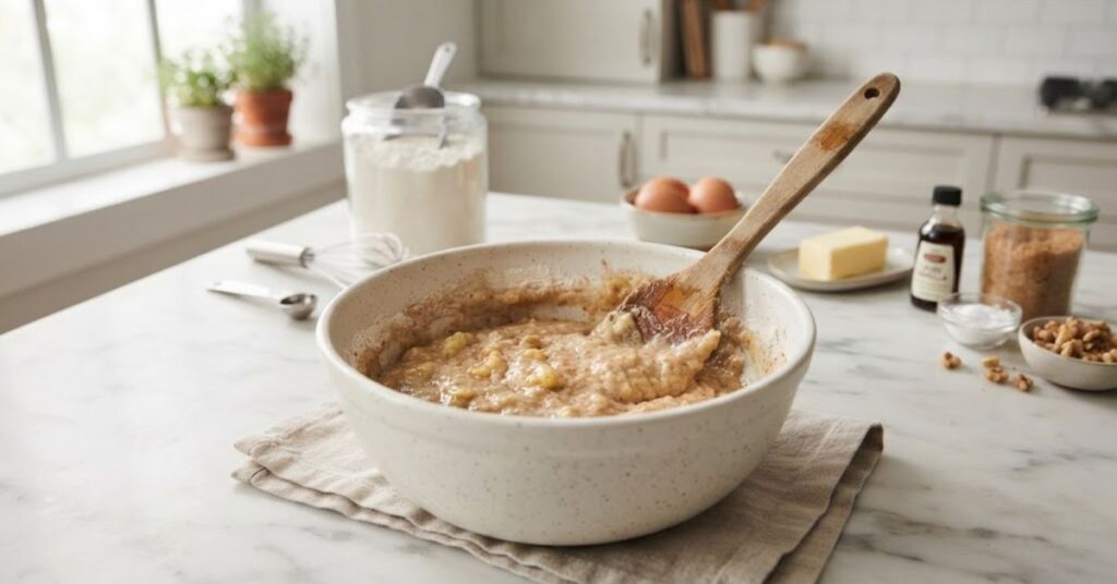 Ultra-realistic 1200×628 food photography of thick banana bread batter being gently mixed in a large neutral ceramic bowl with a wooden spatula, flour and baking ingredients subtly arranged nearby, bright modern kitchen, natural daylight, premium editorial recipe photography, no people, no text, no watermark.