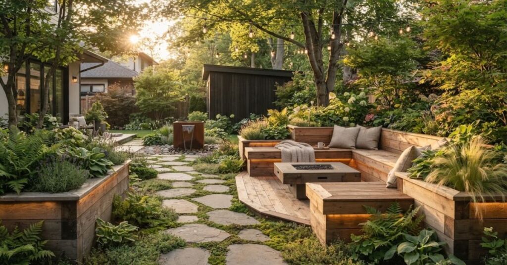 Backyard decorated with natural stone and wooden elements