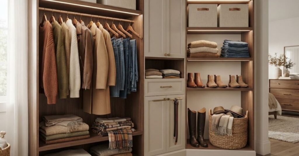 Organizing a closet with fall clothes and seasonal storage