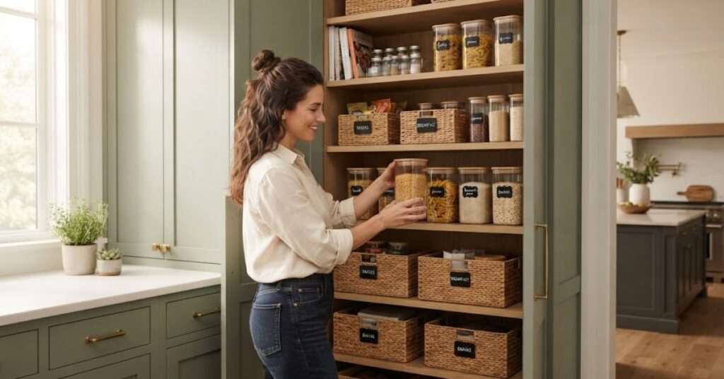 Woman organizing a neatly arranged kitchen pantry