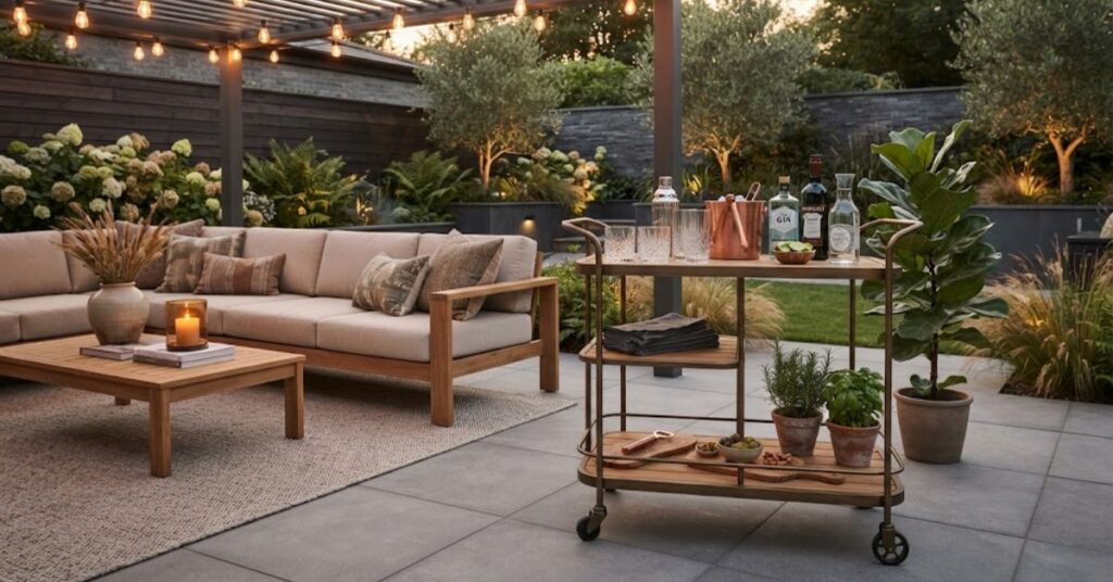 Stylish outdoor bar cart beside a backyard seating area