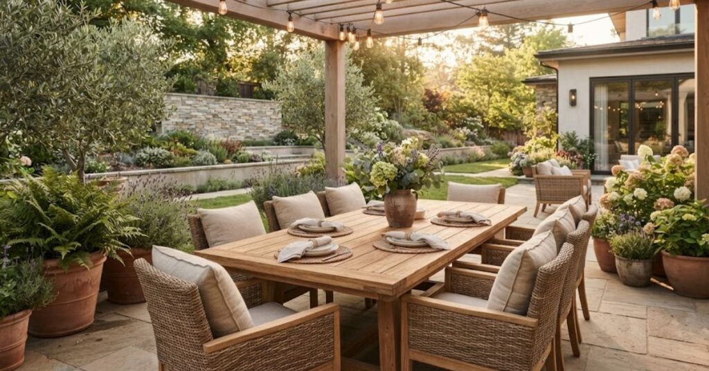 Elegant outdoor dining area in a decorated backyard
