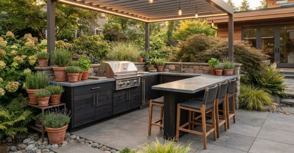 Modern outdoor kitchen in a beautifully decorated backyard