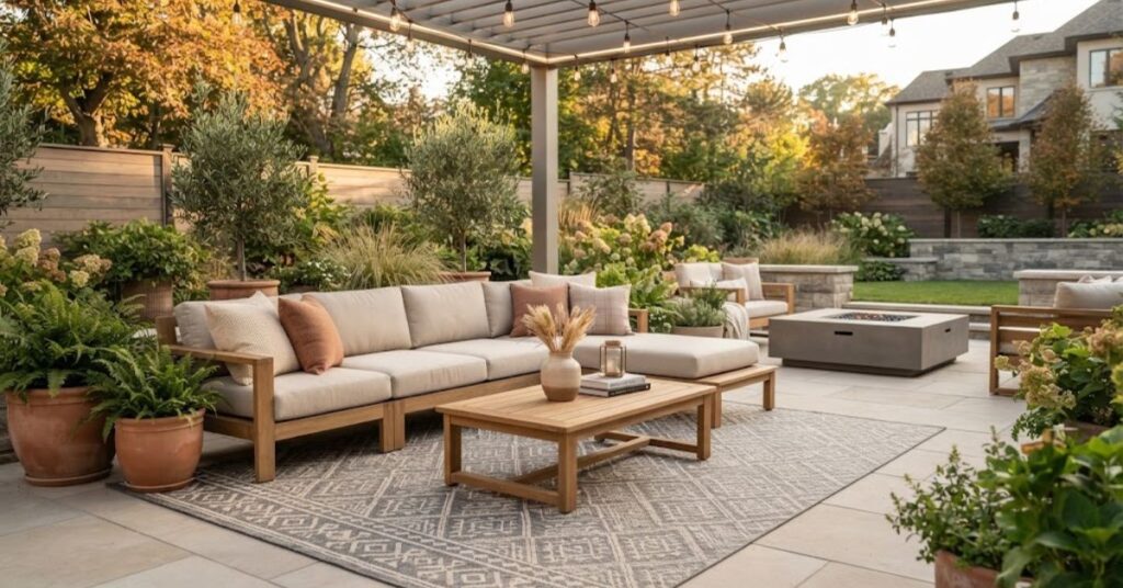 Cozy outdoor living room with stylish backyard furniture