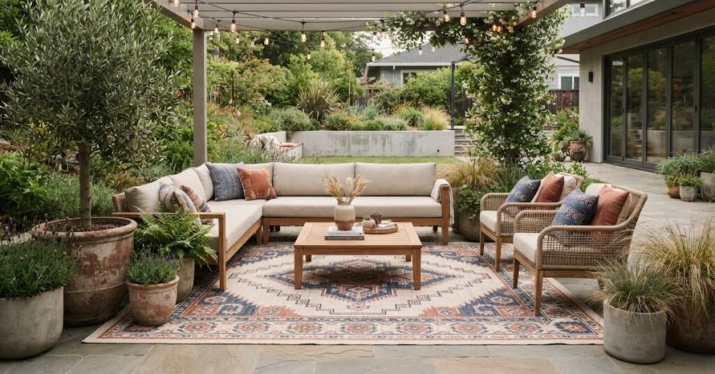 Outdoor rug anchoring a stylish backyard seating area