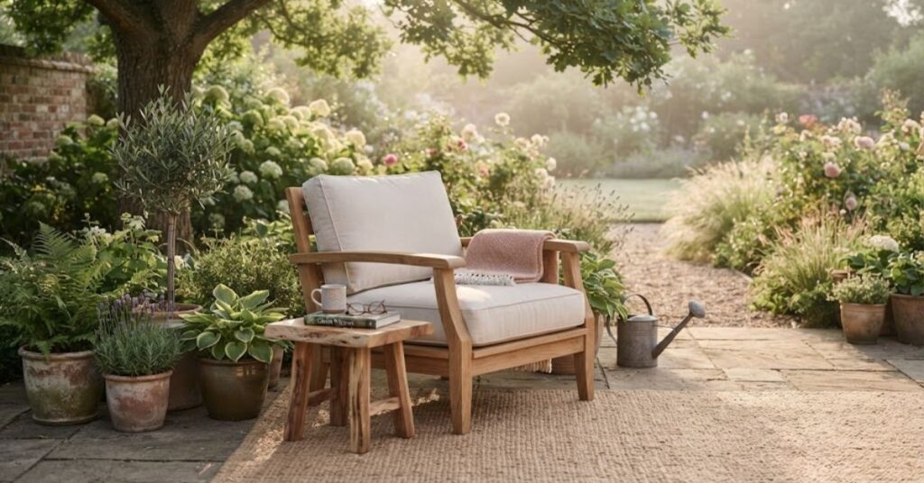 Peaceful backyard reading corner surrounded by greenery