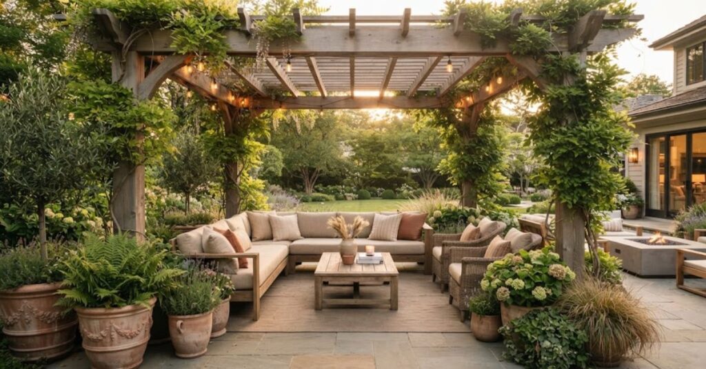 Wooden pergola covering a cozy backyard seating area
