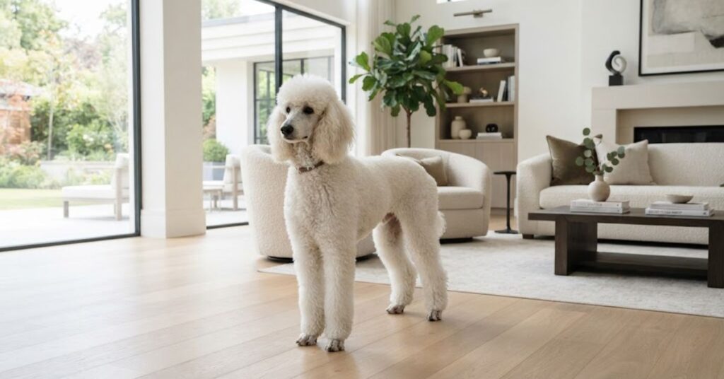 Standard Poodle with curly low-shedding coat in a clean modern home