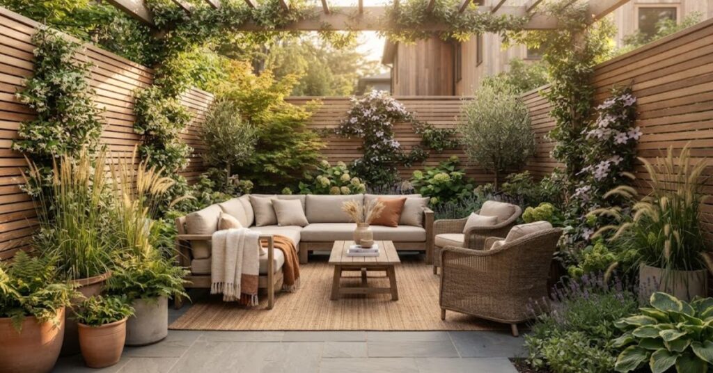 Private backyard seating area with a wooden privacy screen