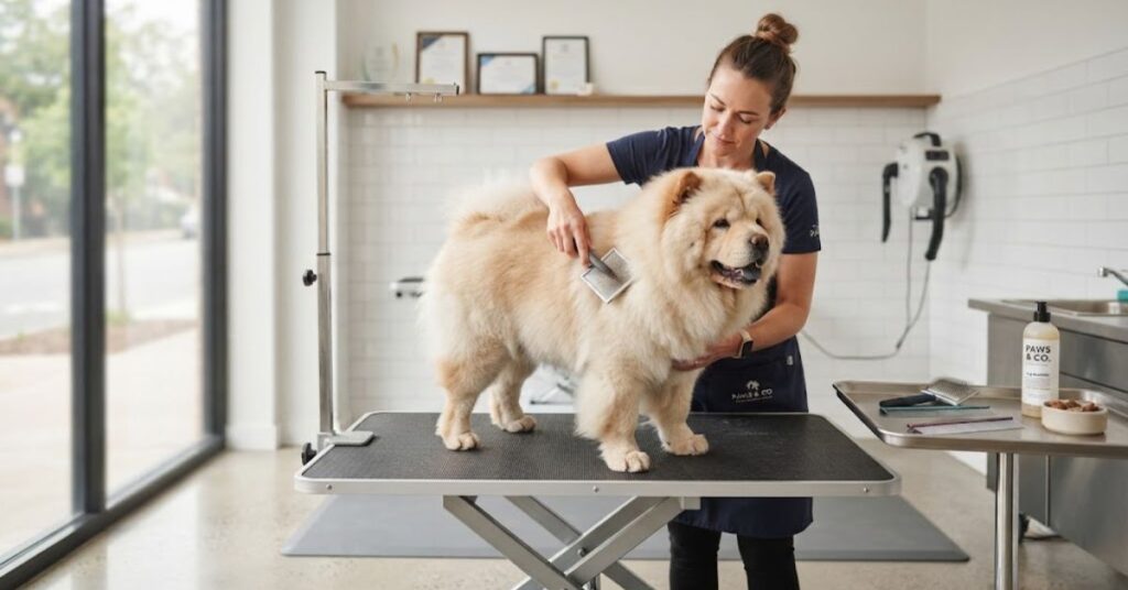 Professional groomer caring for a dog's coat