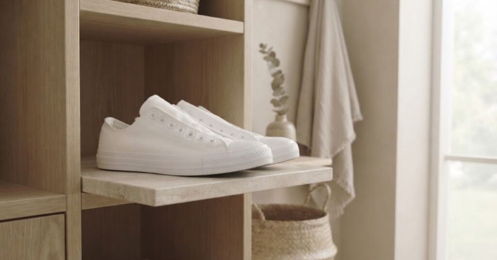 Freshly cleaned white canvas sneakers looking like new