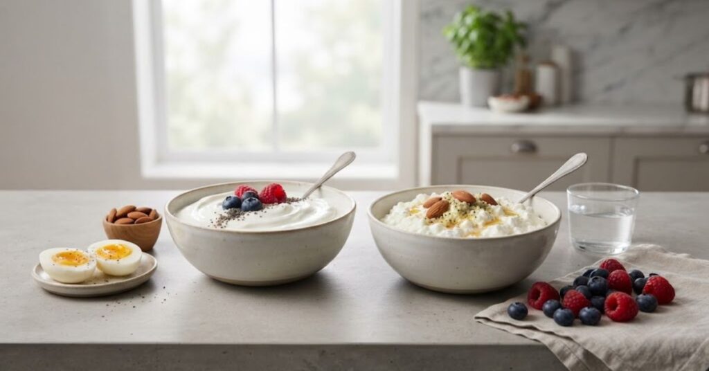 Fresh cottage cheese with visible soft curds