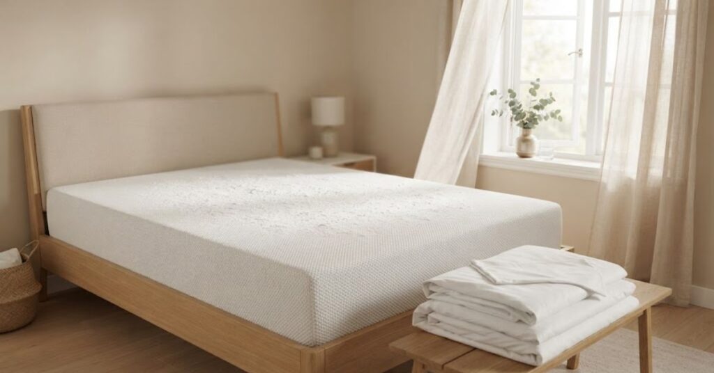 Freshening a mattress with baking soda to remove odors