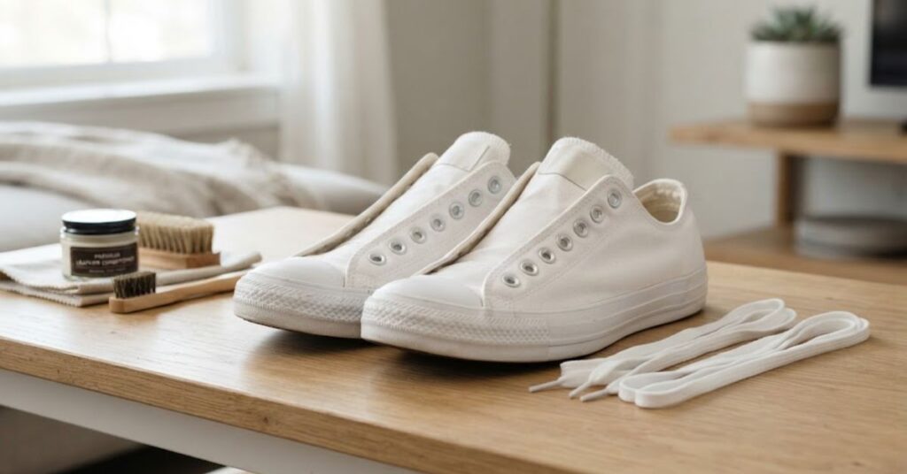 Canvas shoes with laces removed before cleaning