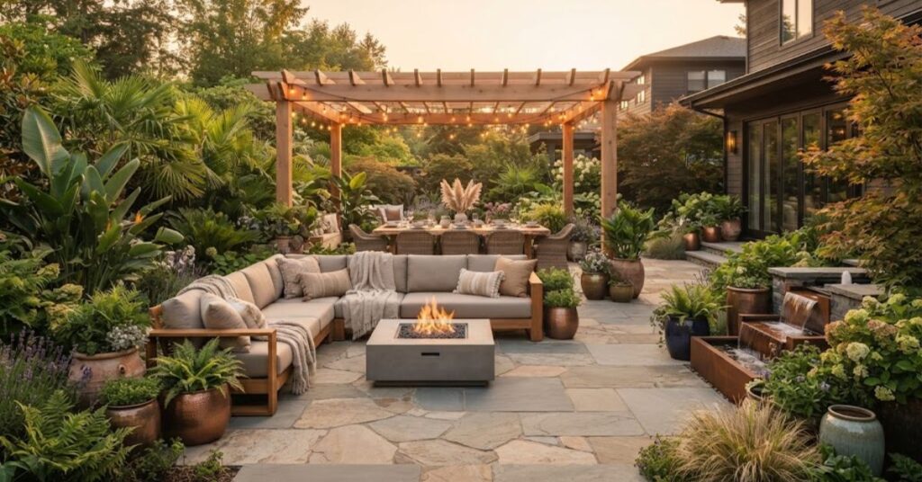 Luxury resort-style backyard with cozy seating, lighting and greenery