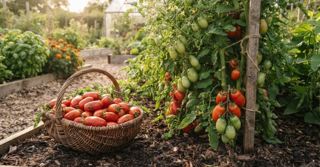Fresh Roma tomatoes growing in a vegetable garden