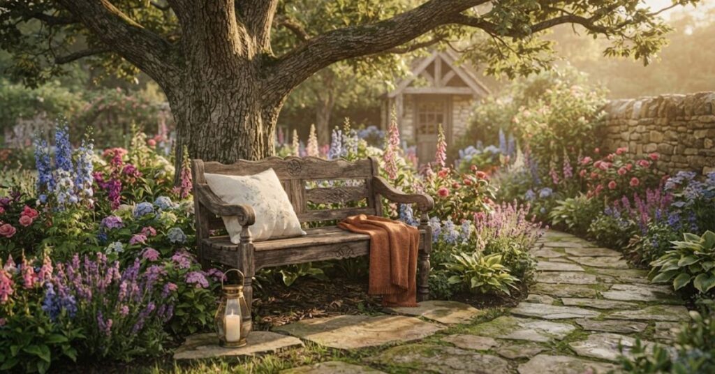 Rustic wooden bench surrounded by backyard garden plants