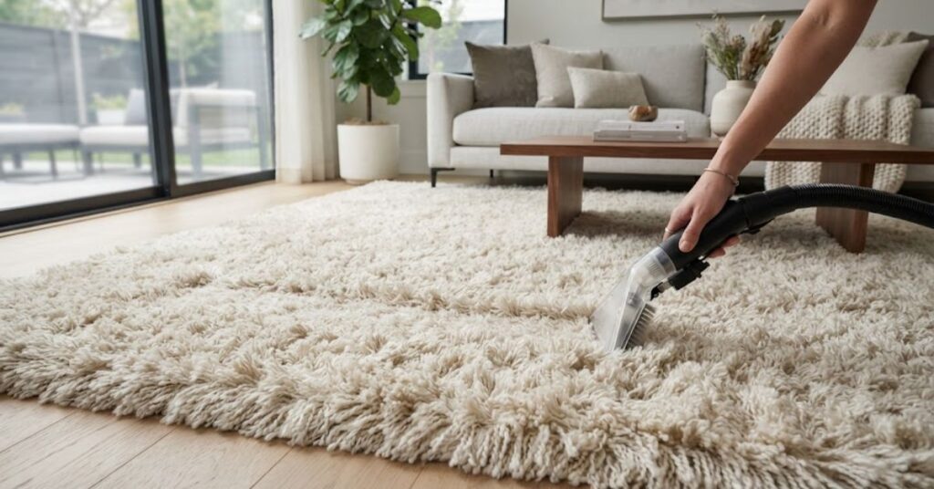 Cleaning a shag rug with a vacuum attachment