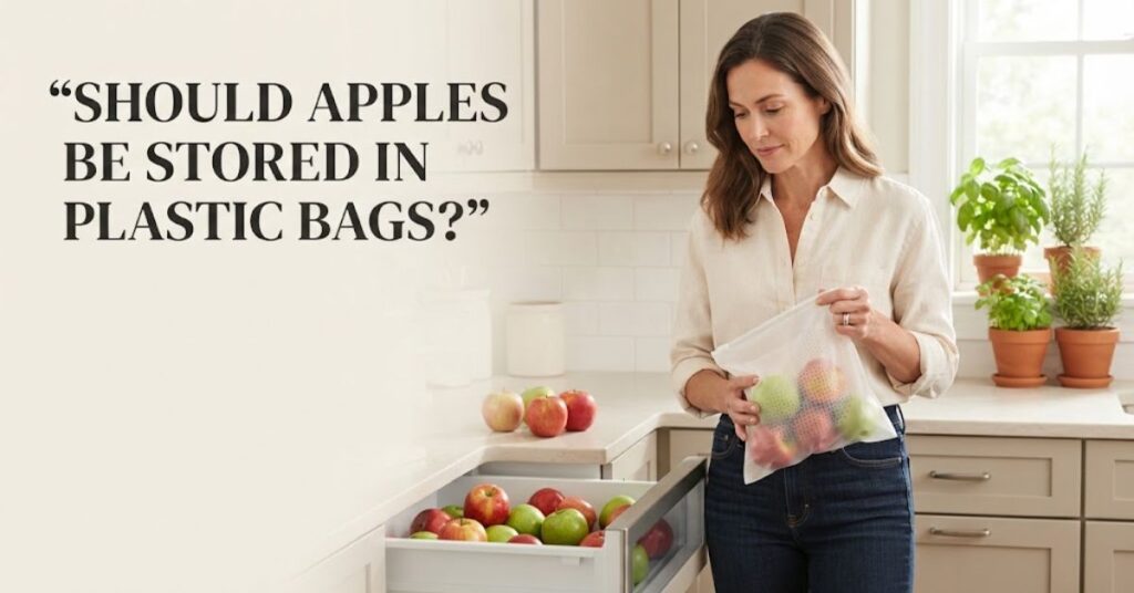 Woman comparing apples stored in a breathable plastic bag and refrigerator