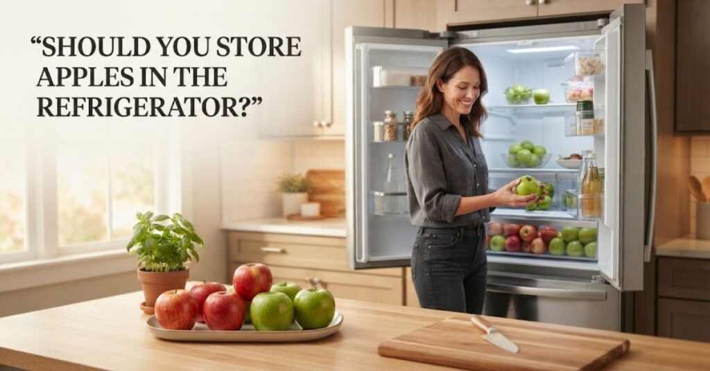 Woman storing fresh red and green apples in the refrigerator to keep them crisp