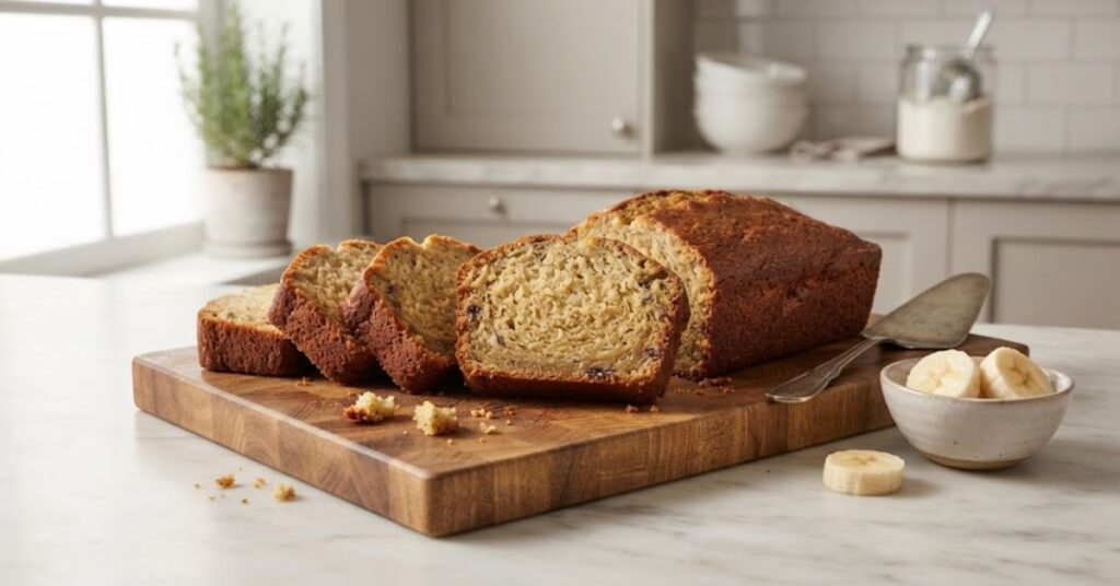 Moist homemade banana bread sliced and ready to serve