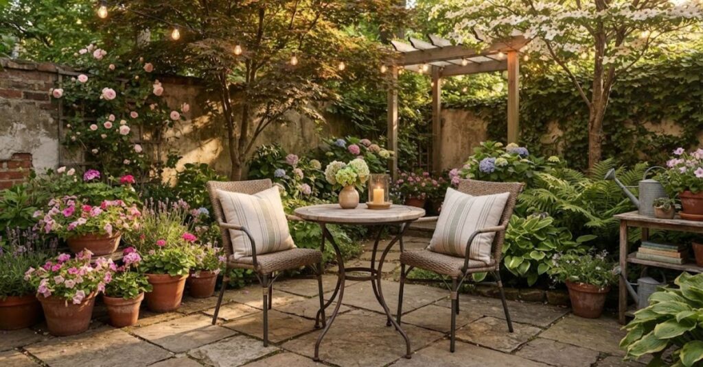 Small backyard bistro area with compact outdoor furniture