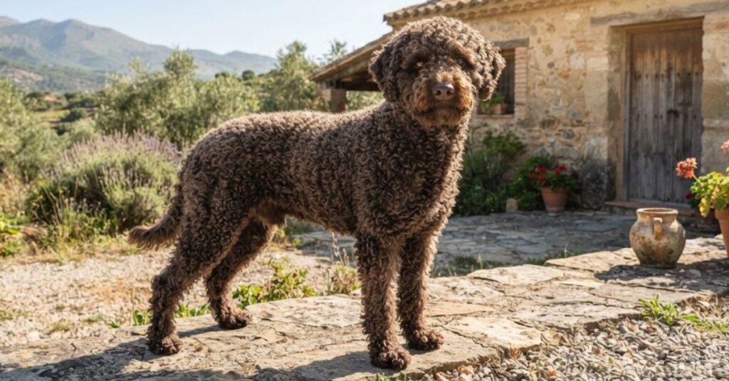 Spanish Water Dog with curly low-shedding coat outdoors