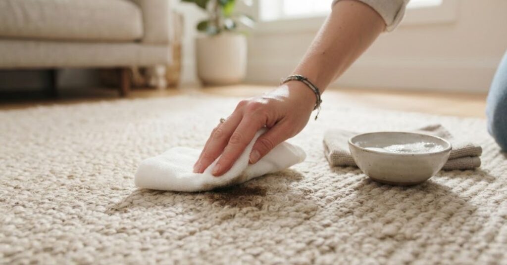 Blotting a rug stain with a microfiber cloth
