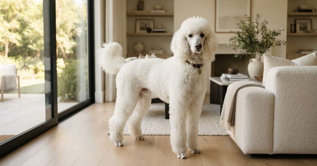 Standard Poodle with beautifully groomed curly low-shedding coat