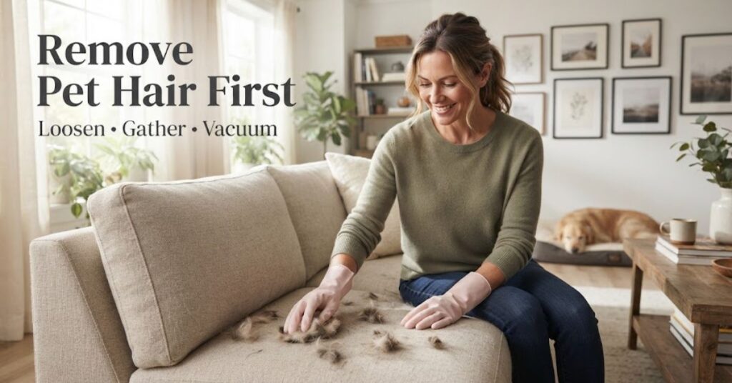 Woman wearing rubber gloves and gathering pet hair from a fabric sofa.