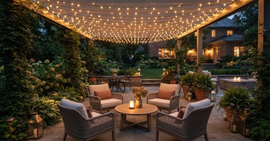 Backyard patio decorated with a warm string light canopy