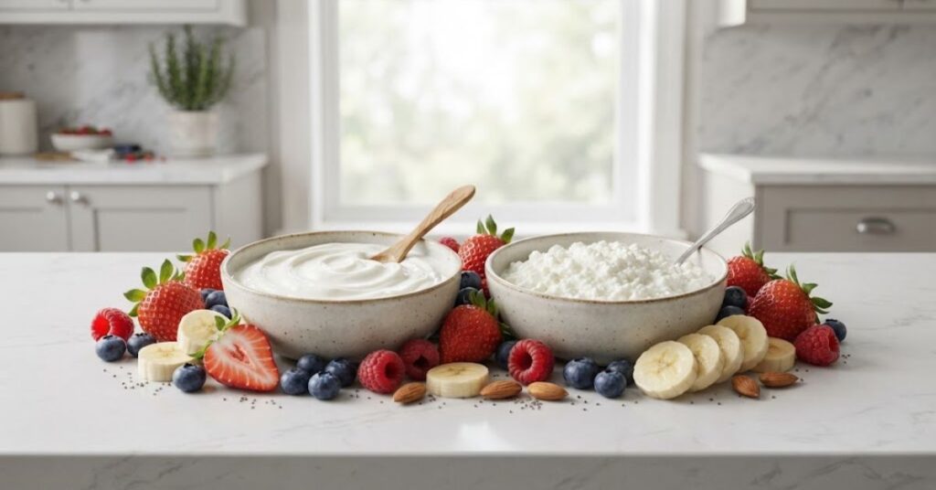 Plain Greek yogurt and cottage cheese with fresh low-sugar fruit toppings