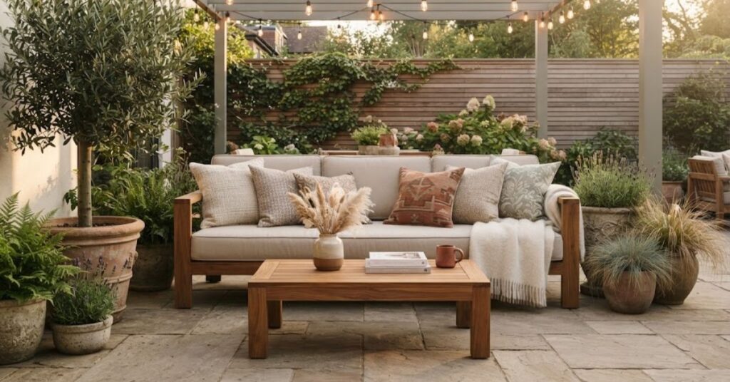 Layered outdoor pillows creating a cozy backyard seating area